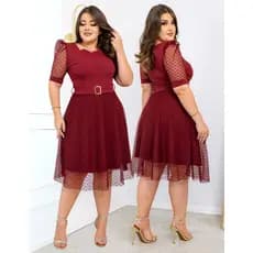 Vestido Liso Mídi tule Poa Forro Canelado com Cinto no Meio Manga Princesa Moda Evangélica Modesta