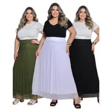 Saia Longa Tule Poa e Forro Helanca Plus Size Elástico na Cintura Moda Evangélica Crista e Modesta