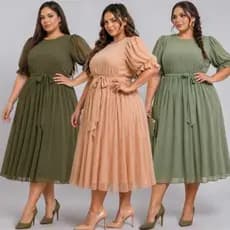 Vestido Plus Size Moda Cristã Midi Godê Tule Elegante Festa Casamento Manga Princesa Bufante Luxo