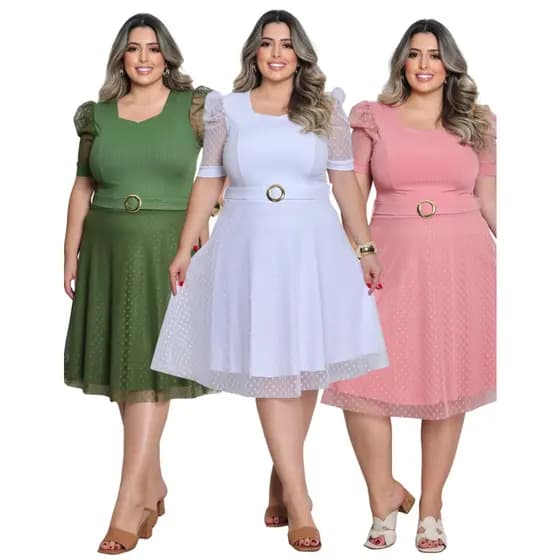 Vestido Tule Poa com Cintodo Mesmo e Forro Canelado Maga Bufante Plus Size Moda Evangélica e Modesta