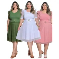 Vestido Tule Poa com Cintodo Mesmo e Forro Canelado Maga Bufante Plus Size Moda Evangélica e Modesta