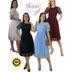 Promoção Vestido Midi Evangelico de Tule Lisso Manga Princesa com Lazo Elegante Congresso