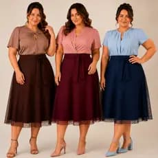 Saia Midi Plus Size com laço na Cintura e Forro e Tule em Poa Moda Cristã Femenina
