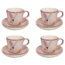 Kit 4 Xícaras Café com Pires Louça Cerâmica Pintura Feita à Mão