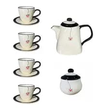 Kit 10 Peças Jogo de Chá ou Café Bule Chaleira de 1,2L  -  4 Xícaras de 200ml - 1 Açucareiro Cerâmica Mesa Posta
