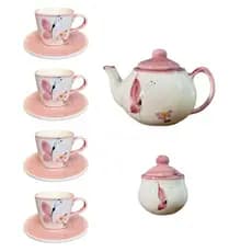 Kit 10 Peças Jogo de Chá ou Café Bule Chaleira de 600ml  -  4 Xícaras de 200ml - 1 Açucareiro Cerâmica Mesa Posta