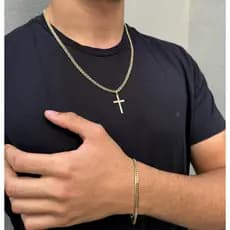 Corrente Elo Oval Estiloso 60cm Banhada a Ouro 18k + Pingente Cruz