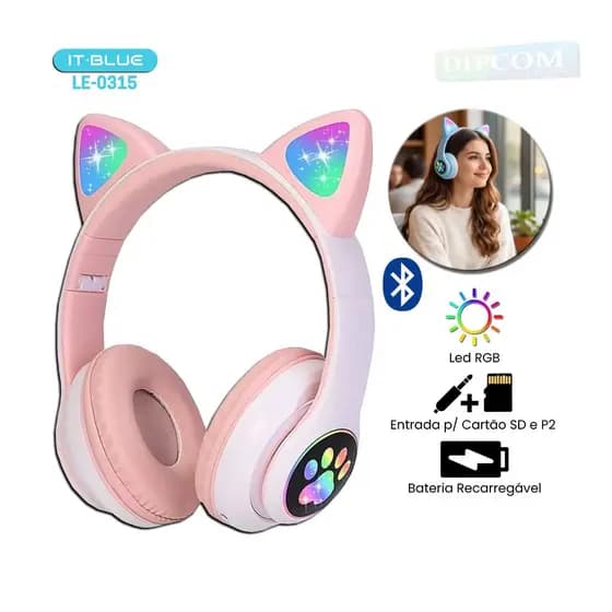 Fone Headphone Bluetooth Wireless Orelhas de Gatinho Sem Fio Cat Pink It-Blue LE-0315