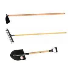 Kit Jardim Completo Enxada Estreita 22cm + Ancinho 14 Dentes + Pá de Bico Cabo Madeira 1,20m