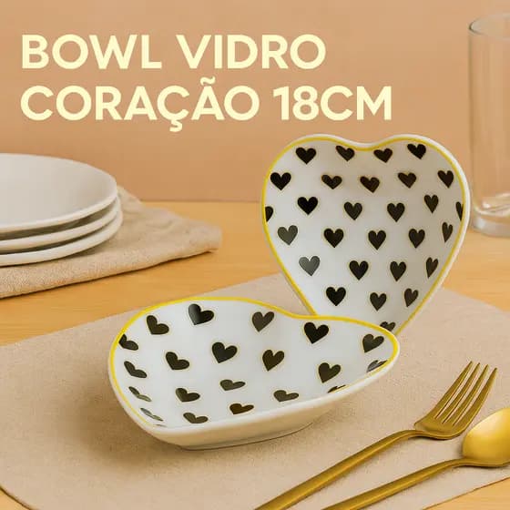 Bowl De Vidro Formato Coração Branco e Preto Decorglass 18cm Alta Qualidade Durabilidade Original