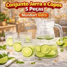 Conjunto Jarra e Copos 5 Peças Mundiart Vidro para Água Suco Mesa Posta Cozinha Uso Diário