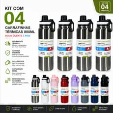 Kit 04 Garrafinhas Garrafa Térmica 800ml Água Quente Frio Com Alça Isolamento Térmico Academia Inox