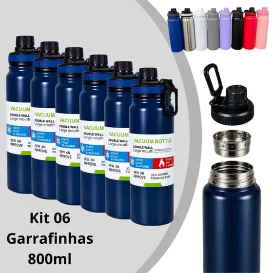 Kit 6 Garrafas Térmica 800ml Água Squeeze Inox Academia Alça