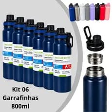 Kit 6 Garrafas Térmica 800ml Água Squeeze Inox Academia Alça