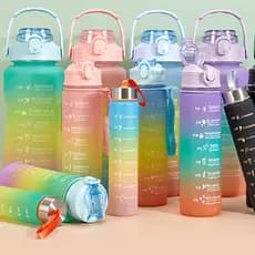 3 Garrafas Squeeze Degradê 2 Litros 900ml 300ml Fases Motivadoras com Adesivos Personalizavel Academia Escola