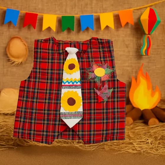 Kit Festa Junina Xadrez Saia Colete Gravata Infantil Menina Menino Tiara Laço Chapéu Fantasia São João