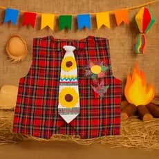 Kit Festa Junina Xadrez Saia Colete Gravata Infantil Menina Menino Tiara Laço Chapéu Fantasia São João