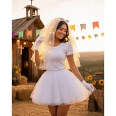 Fantasia Noiva Festa Junina Carnaval Despedida de Solteira Feminina Veu Led Luva Branca Arraial São João