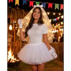 Fantasia Noiva Festa Junina Carnaval Despedida de Solteira Veu Led Luva Branca Arraia Noivado