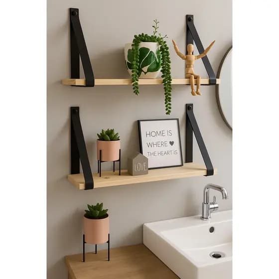 Kit 2 Prateleiras de Madeira Com Alça de Couro Para Decoração Casa Quarto Luxo Banheiro Pinos Moderna