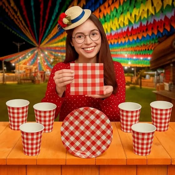 KIT Festa Junina Descartáveis Xadrez Vermelho Copo Prato Guardanapo Decoração Mesa Piquenique Aniversário Papel Pic Nic