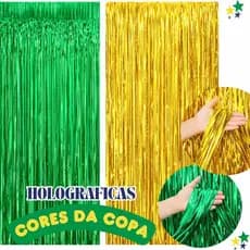 Kit Cortina Decoração de Copa do Mundo Brasil Verde e Amarela Metalica Metalizada Fita Franja