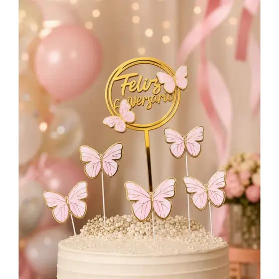 Topo Bolo Borboleta Lilás Azul Decoração para Bolo Dourado Elegante Festa Topper Aquarela Placa Confeiteira