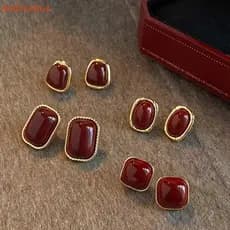 [dddxcebua] Brincos Vintage Esmaltados Vinho Vermelho Metal Para Mulheres Moda Geométrica Quadrados Elegantes Acessórios