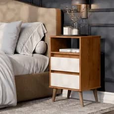 Mesa De Cabeceira Freijó/Off White 2 Gavetas e Nicho Compacta Para Quarto Com Pés Moderna