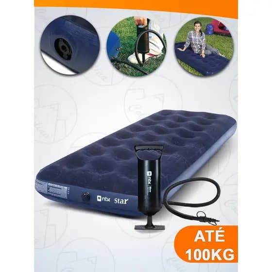Kit Colchão Inflável Solteiro +Bomba Inflável Star Nautika Camping Pesca Praia Até 100kg