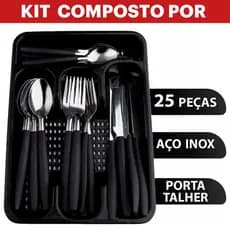 Jogo de Talheres inox com 24 pecas + suporte gaveteiro Preto