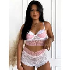 Conjunto Renda Bicolor Com Bojo Calcinha Calesson Com Laço