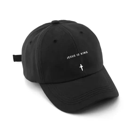 Boné Jesus Is King Cruz Estampado Unissex Algodão Regulagem Boné Cristão Preto Gospel Evangélico