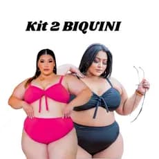 KIT 2 Biquini Plus Size  Feminino: Top Forro 2 em 1 Suplex Cintura Alta Com Bojo Removível