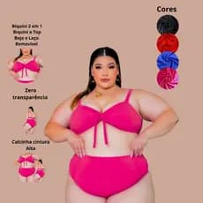 Biquini Plus Size 2 em1 Feminino: Top Forro Suplex Cintura Alta Com Bojo Removível