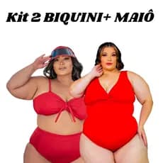 KIT Body Maiô Plus Size Transpassado com Nó + 1 Biquini Top com Forro Alça Larga Cintura Alta