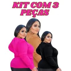 KIT 3 Blusas PLUS SIZE Manga Longa Feminina com Detalhe no Ombro/Malha Canelada/Importada