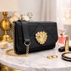 Bolsa Feminina Transversal Preta Luxo com Corrente Dourada | Tiracolo Elegante