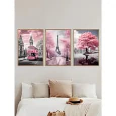Kit 3 Quadros Paris Estético Rosa Busão Torre Eiffel 60x40cm Cor Carvalho