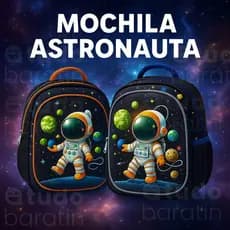 Mochila Infantil Astronauta 3D Escolar Menino Menina Espaço Lúdica Pequena com Bolso Garrafinha Resistente