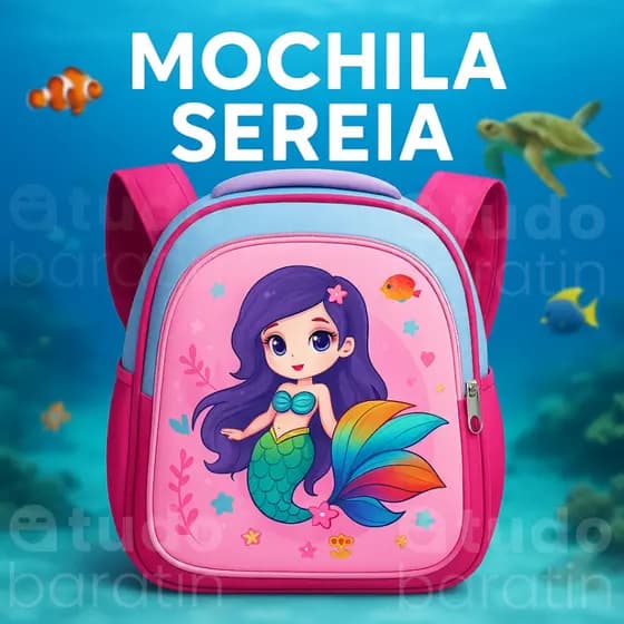 Mochila Sereia 3D Infantil Menina Escolar Linda e Colorida com Alça Ajustável e Compartimentos Laterais