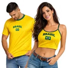 Kit Camiseta Masculina do Brasil e Crooped Baby Look ou Regatinha Feminina do Brasil Casal Brasil