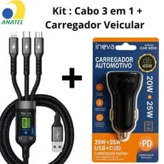 Carregador 45W Com Cabo 3 In 1 Para Carro Carregamento Rápido Reforçado iPhone Android Xiaomi Uber Taxi