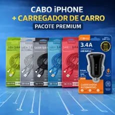 Kit Carregador iPhone Cabo Lightning + Fonte Veicular 3.4A inova carga rapida