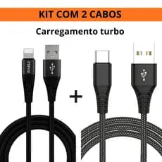 KIT COM 2 CABOS TURBO INOVA USB 1 TIPO C ANDROID E IPHONE + CABO LIGTHNING PARA IPHONE E IPAD