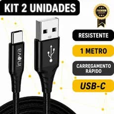 KIT COM 2 CABOS TIPO C 3.4A Usb Carregador Ultra Rápido 1 metros Resistente Nylon Anti quebra