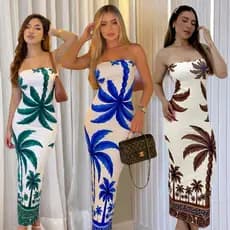Vestido Midi Tomara Que Caia Tubinho Estampado coqueiro Basico Praia tropical