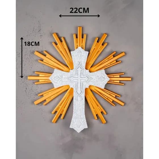 Crucifixo Decorativo Religioso com Raios Dourados Peça de Parede ou Mesa
