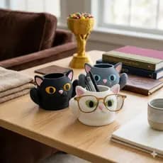 Porta Objetos Gatinho com Suporte de Óculos – Organizador de Mesa Criativo, Porta Caneta Decorativo Moderno