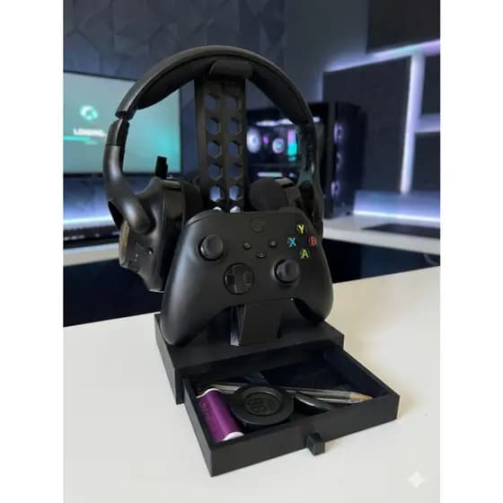 Suporte Gamer para Fone Headset e Controle com Gaveta Porta Objetos | Organizador de Mesa